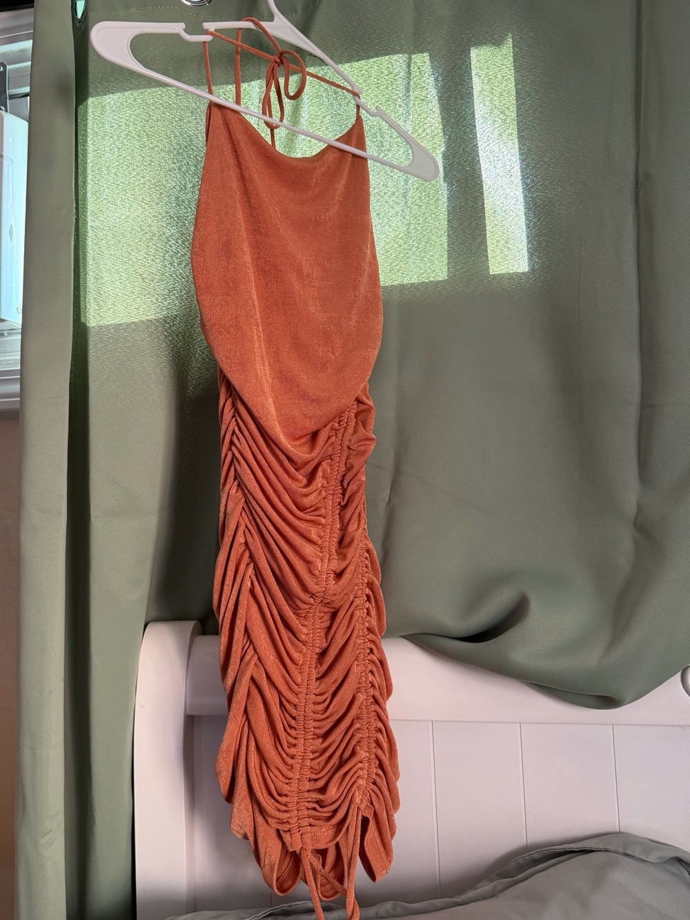 Rust Orange Ruched Halter Mini Dress